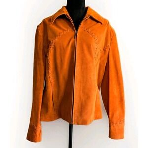 Vntg MontanaCo Sz XL  Womens Suede Real Leather Cross Stich Jacket Orange  NWOT